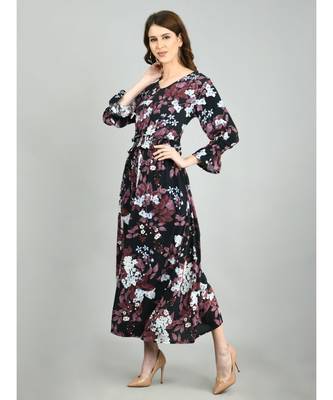 Multi Rayon Printed Full Sleeve V Neck Casual Dress 3