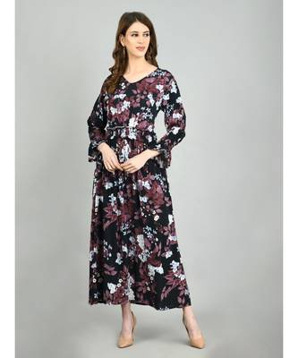 Multi Rayon Printed Full Sleeve V Neck Casual Dress 5