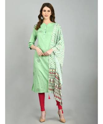 Green Cotton Printed 3/4 Sleeve Mandarin Neck Casual Kurta Dupatta  Set 1