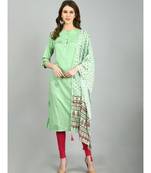 Green Cotton Printed 3/4 Sleeve Mandarin Neck Casual Kurta Dupatta  Set