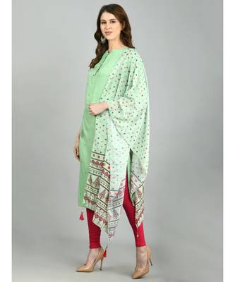 Green Cotton Printed 3/4 Sleeve Mandarin Neck Casual Kurta Dupatta  Set 3