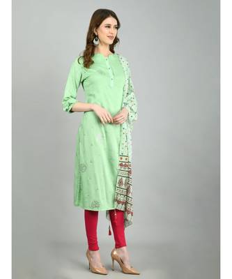 Green Cotton Printed 3/4 Sleeve Mandarin Neck Casual Kurta Dupatta  Set 5