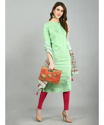 Green Cotton Printed 3/4 Sleeve Mandarin Neck Casual Kurta Dupatta  Set 6