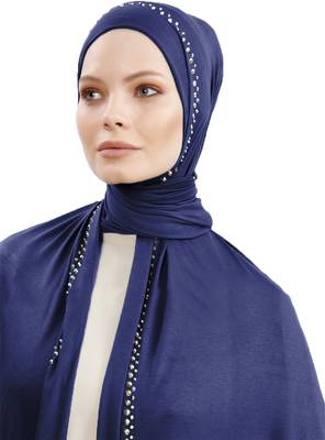 JSDC Navy Blue Color Women Hosiery Diamond Stone Work Scarf Hijab 2