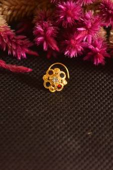 Designer Golden Meenakari Diamond Floral nose ring or Nose Pin