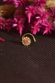 Designer Golden Pink diamond Floral nose ring or Nose Pin