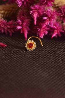 Designer Golden RED Diamond Floral nose ring or Nose Pin