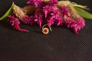 Designer Golden RED Diamond Floral nose ring or Nose Pin 2