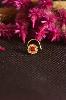 Designer Golden RED Diamond Floral nose ring or Nose Pin