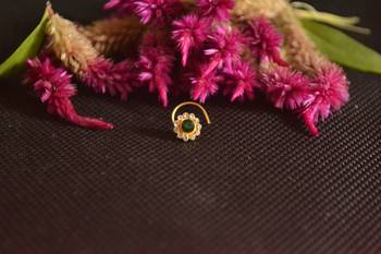 Designer Golden GREEN Diamond Floral nose ring or Nose Pin 1