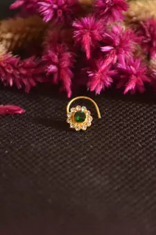 Designer Golden GREEN Diamond Floral nose ring or Nose Pin