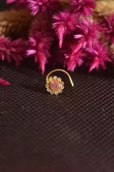 Designer Golden PINK Diamond Floral nose ring or Nose Pin