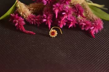 Designer Golden RED Diamond Floral nose ring or Nose Pin 2
