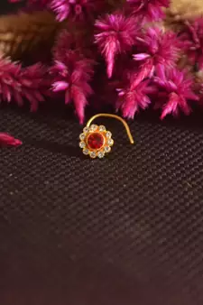 Designer Golden RED Diamond Floral nose ring or Nose Pin