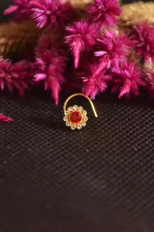 Designer Golden RED Diamond Floral nose ring or Nose Pin