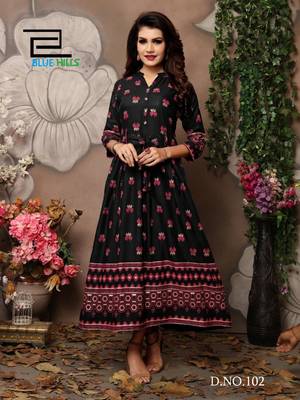 Black printed rayon long-kurtis 1