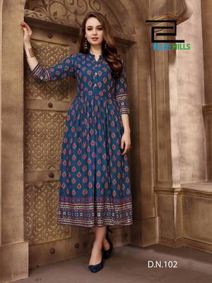 Blue printed rayon long-kurtis 1