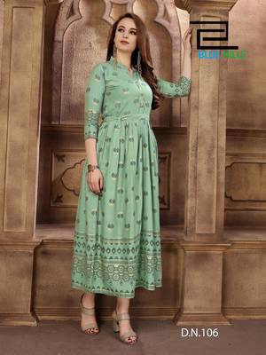 Light-green printed rayon long-kurtis 1