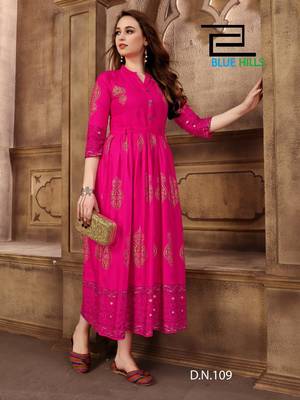 Hot-pink printed rayon long-kurtis 1
