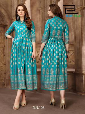 Turquoise printed rayon long-kurtis 1