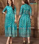 Turquoise printed rayon long-kurtis