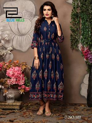 Navy-blue printed rayon long-kurtis 1