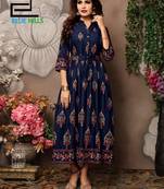 Navy-blue printed rayon long-kurtis