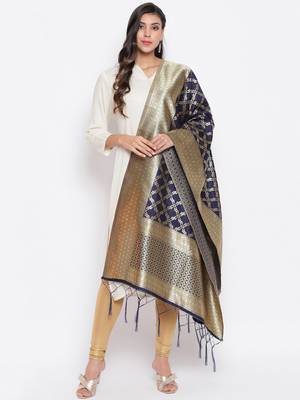 Navy Blue Banarasi Silk Jacquard Woven Dupatta 1
