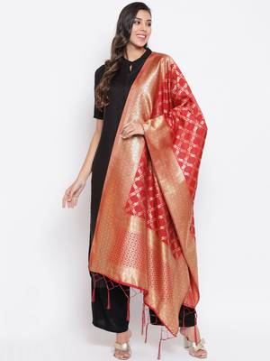 Red Banarasi Silk Jacquard Woven Dupatta 1