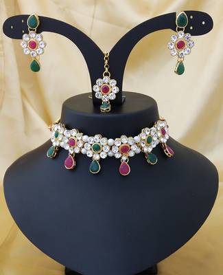 Pink Green Kundan Pearl Choker 4pc Full Jewelry Set 1