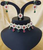 Pink Green Kundan Pearl Choker 4pc Full Jewelry Set