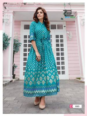 Light-blue printed rayon long-kurtis 1