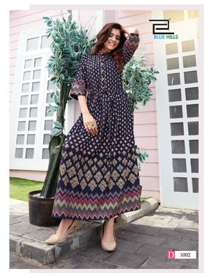 Navy-blue printed rayon long-kurtis 1