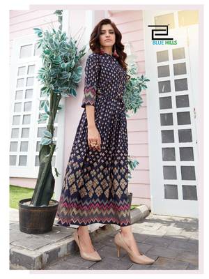 Navy-blue printed rayon long-kurtis 2