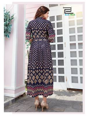 Navy-blue printed rayon long-kurtis 3