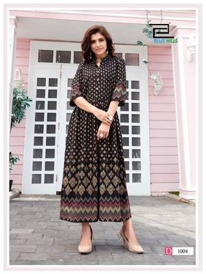 Black printed rayon long-kurtis 1