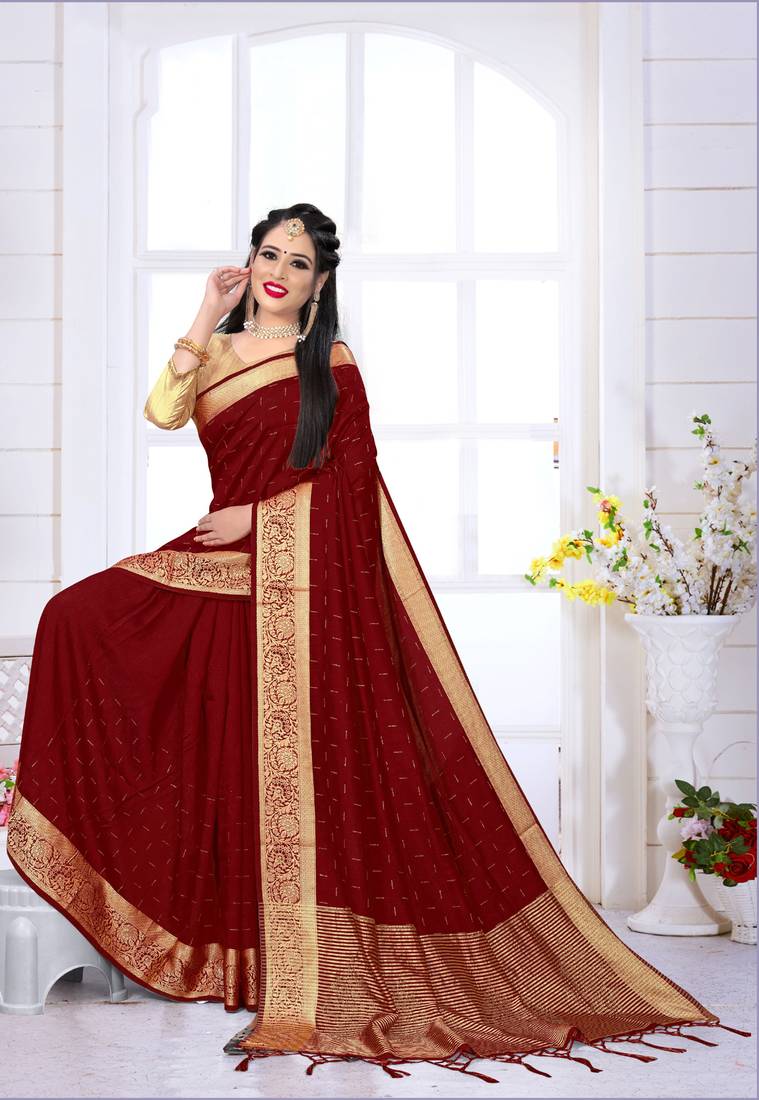 Maroon plain art silk saree with blouse