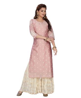 PEACH COLOR CHANDERI STRAIGHT KURTA SET WITH MAL COTTON GARARA top 1