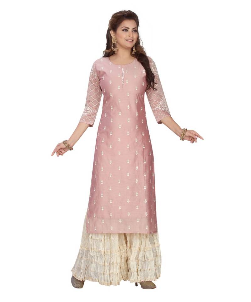 PEACH COLOR CHANDERI STRAIGHT KURTA SET WITH MAL COTTON GARARA top