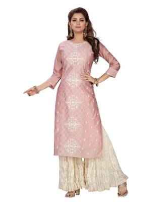 PEACH COLOR CHANDERI STRAIGHT KURTA SET WITH MAL COTTON GARARA top 1