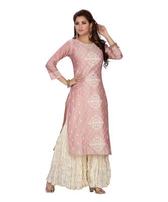 PEACH COLOR CHANDERI STRAIGHT KURTA SET WITH MAL COTTON GARARA top 2