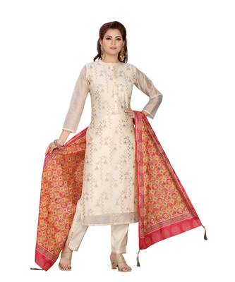 Cream Color Chanderi Straight Pant Set With Prited Dupatta 1