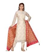 Cream Color Chanderi Straight Pant Set With Prited Dupatta