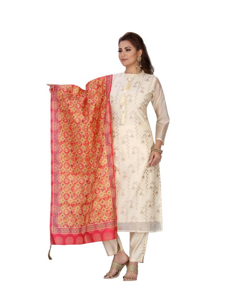 Cream Color Chanderi Straight Pant Set With Prited Dupatta