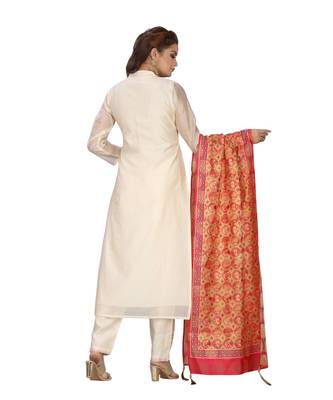 Cream Color Chanderi Straight Pant Set With Prited Dupatta 3