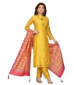 Yellow Color Chanderi Pant Set With Printed Dupatta