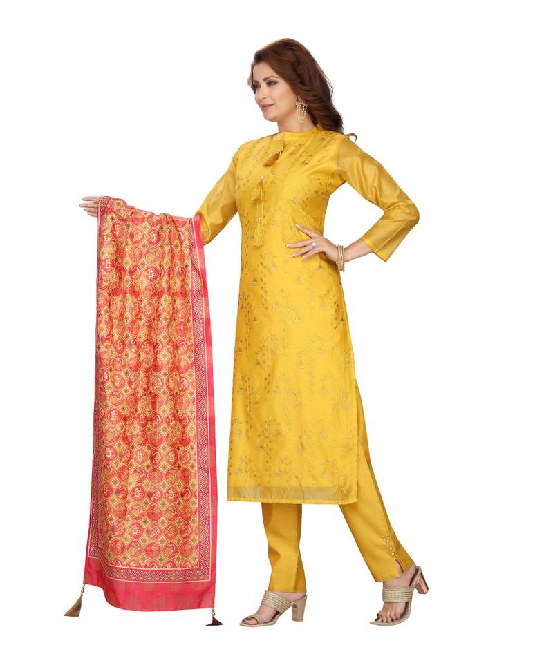 Yellow Color Chanderi Pant Set With Printed Dupatta