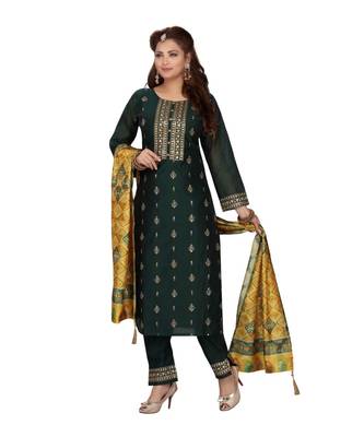 Dark Green Color Straight Pant Set With Printed Dupatta 1