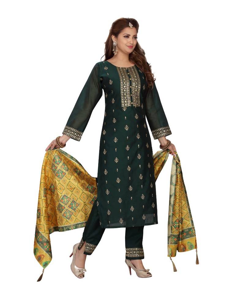 Dark Green Color Straight Pant Set With Printed Dupatta