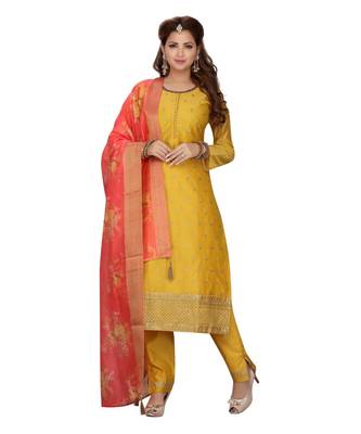 Yellow Color Chanderi Pant Set With Printed Dupatta 1